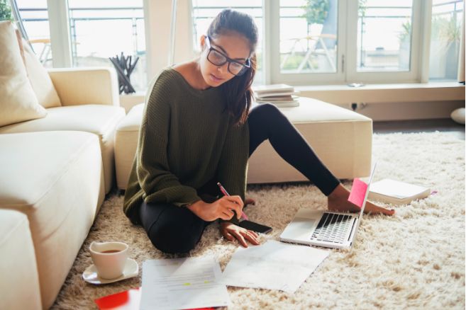 Female student working studying at home